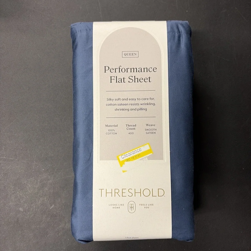 Threshold Performance Cotton Sateen QUEEN Flat Sheet Blue 400 TC Smooth 20570